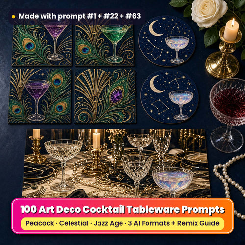 Art Deco tableware on a navy table: square coasters printed with peacock feathers, jewel cocktails and gold fans, round coasters printed with a crescent moon, constellations and an opal cocktail, and a placemat printed with a 1920s supper table of crystal, pearls and candles, beside a crystal glass, pearls, a gold candlestick and a white rose, made with prompt #1 + #22 + #63