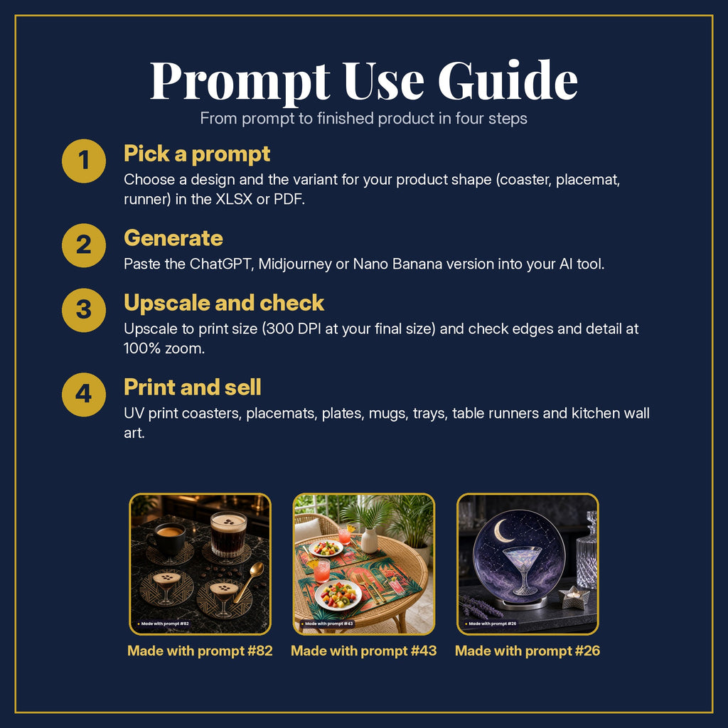 Prompt Use Guide in four steps: pick a prompt, generate, upscale and check, print and sell, with example products made with prompt #82, prompt #43, prompt #26
