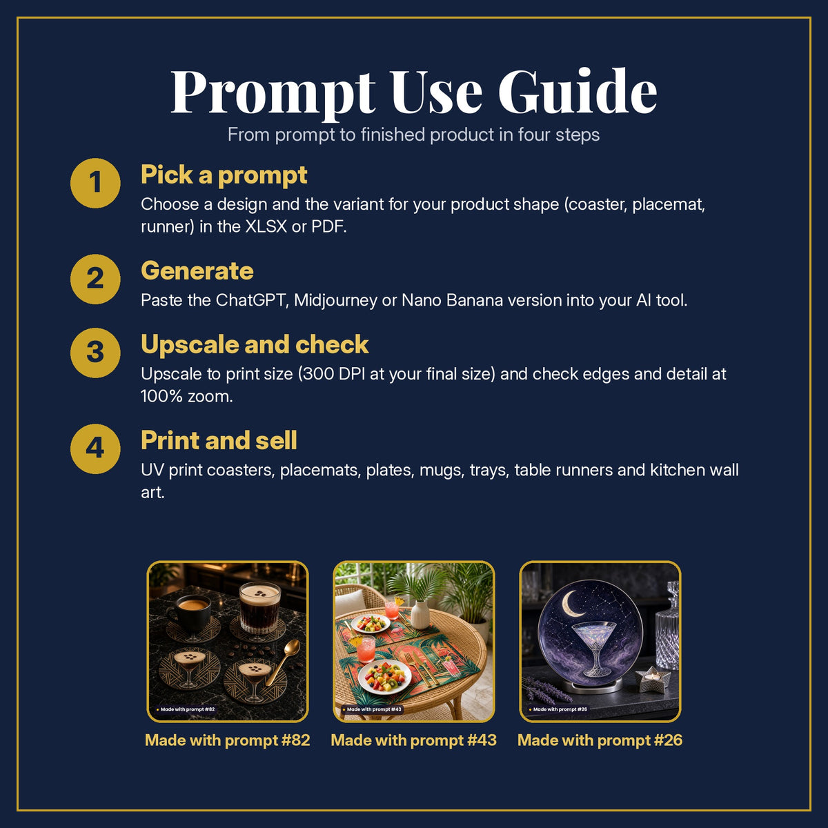 Prompt Use Guide in four steps: pick a prompt, generate, upscale and check, print and sell, with example products made with prompt #82, prompt #43, prompt #26