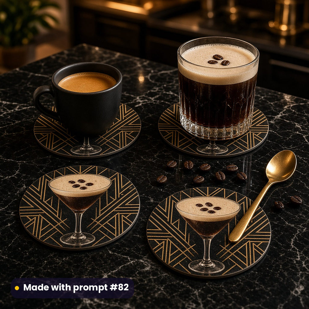 Four round coasters printed with an espresso martini with coffee beans framed by gold Deco lines on black, with an espresso and an iced coffee on a black marble counter, coffee beans and a gold spoon, made with prompt #82