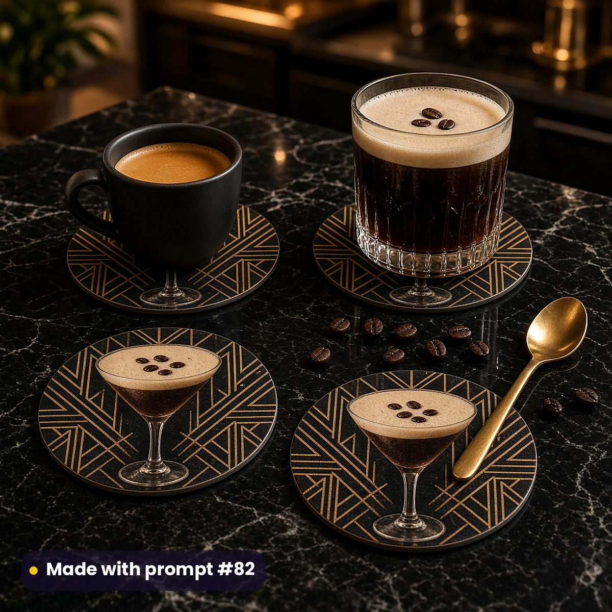 Four round coasters printed with an espresso martini with coffee beans framed by gold Deco lines on black, with an espresso and an iced coffee on a black marble counter, coffee beans and a gold spoon, made with prompt #82