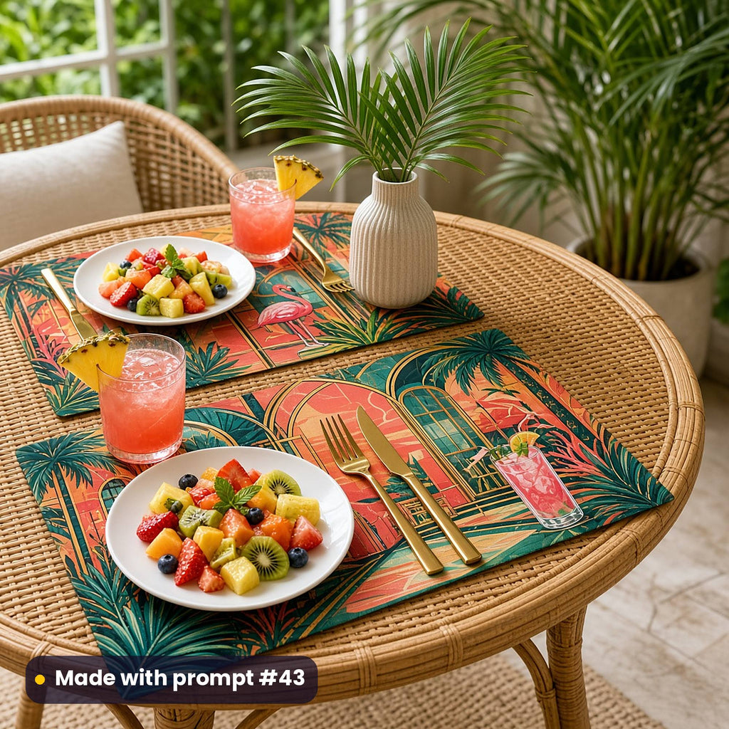 Two placemats printed with a tropical Deco lounge of palm leaves, a flamingo and pink drinks in coral, teal and gold, laid on a rattan table with fruit salad, pink mocktails and a vase of palm leaves, made with prompt #43