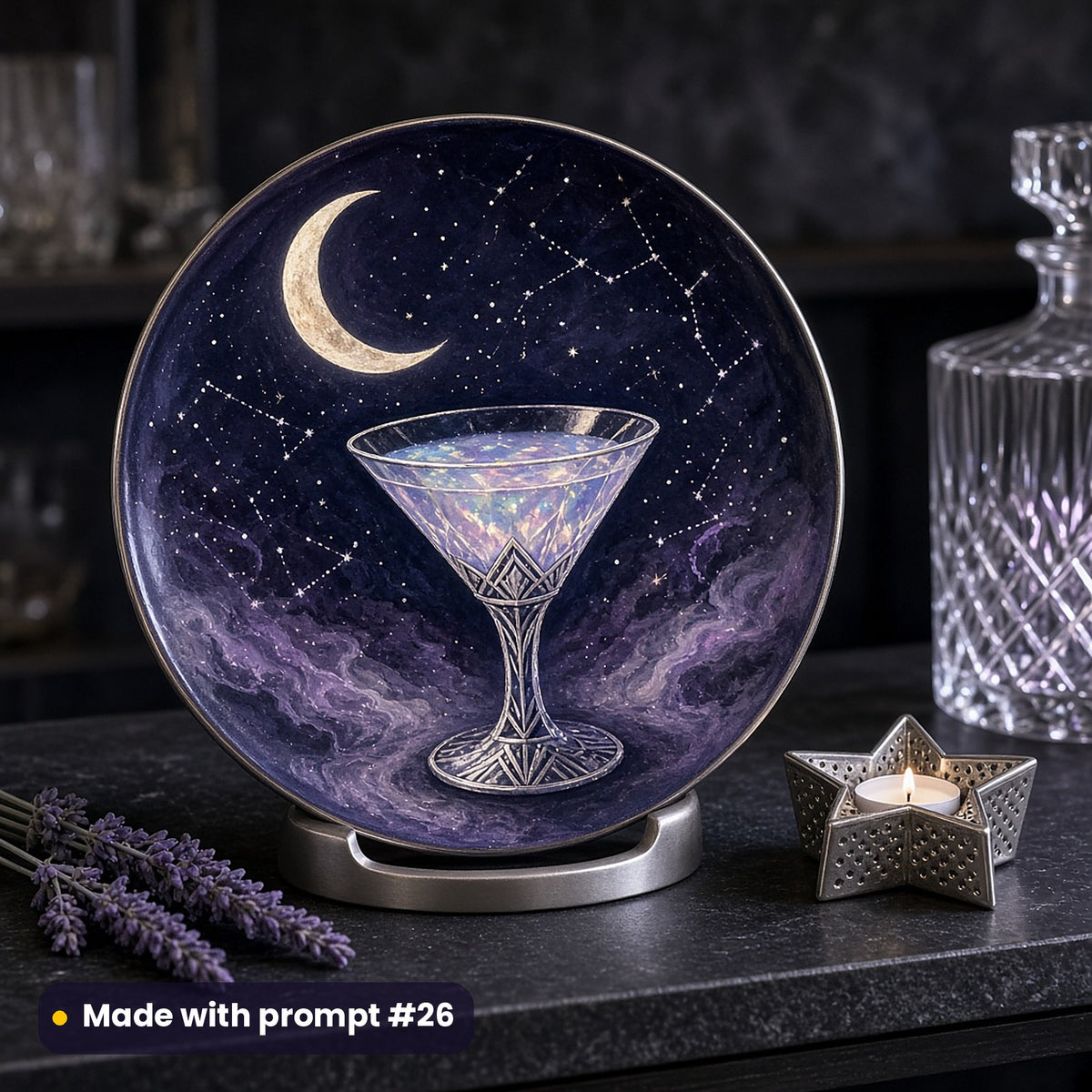 Round plate painted with a crescent moon, constellations and an opal cocktail glass with silver Deco detailing on violet night sky, on a stand beside a decanter, lavender and a star candle holder, made with prompt #26