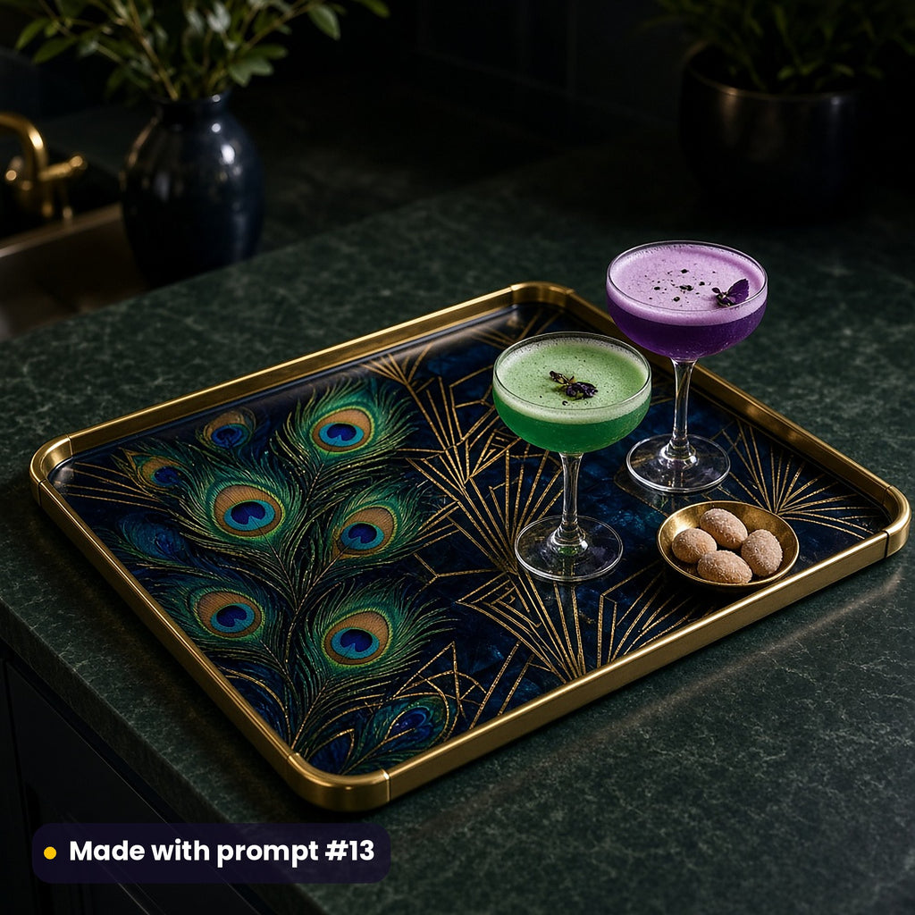 Gold-rimmed tray printed with peacock feathers and gold Deco fans on deep navy and teal, holding green and violet coupes and sugared almonds on a dark green kitchen island, made with prompt #13