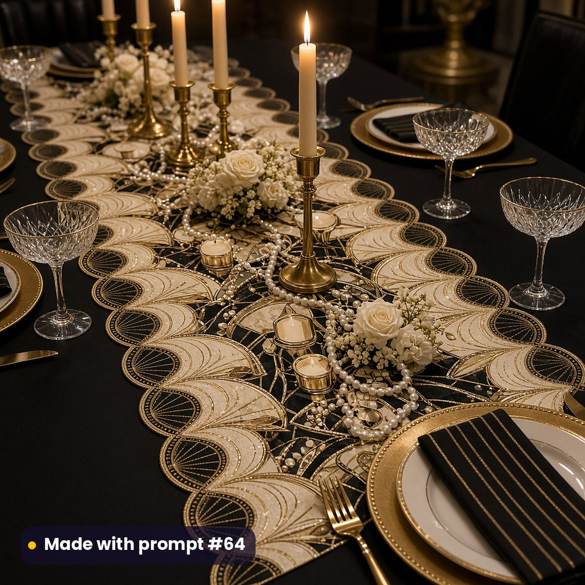 Scalloped table runner printed with cream, black and gold Deco fans, crystal and pearls, on a black supper table with gold candlesticks, white roses, pearls and crystal coupes, made with prompt #64