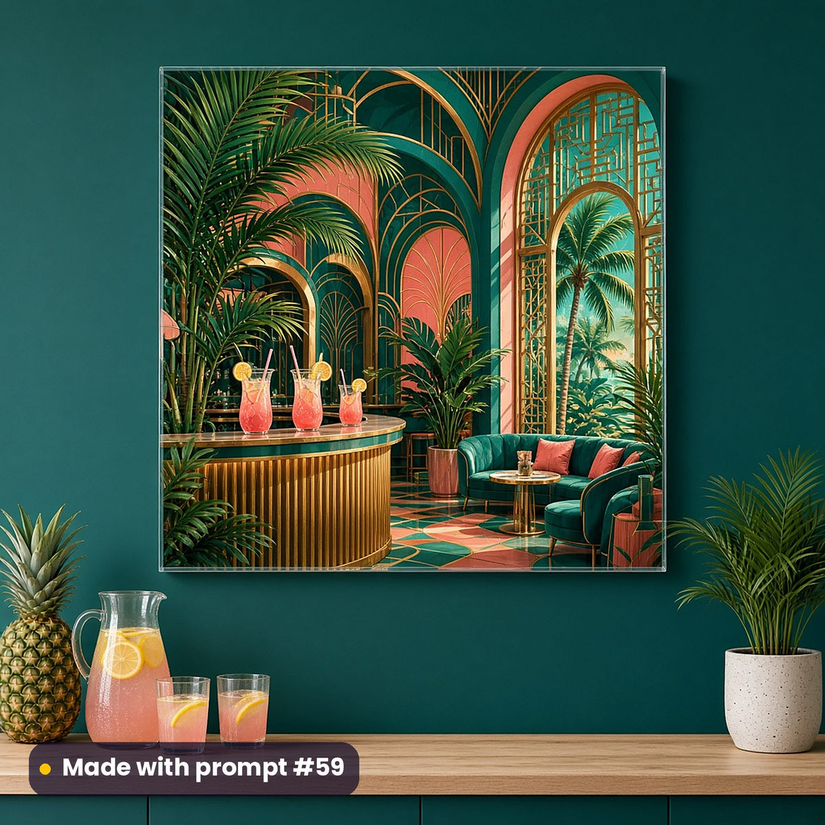 Acrylic wall art of a tropical Deco lounge with palms, coral arches, a gold bar and pink drinks, on a teal kitchen wall above a pineapple, pink lemonade and a potted palm, made with prompt #59