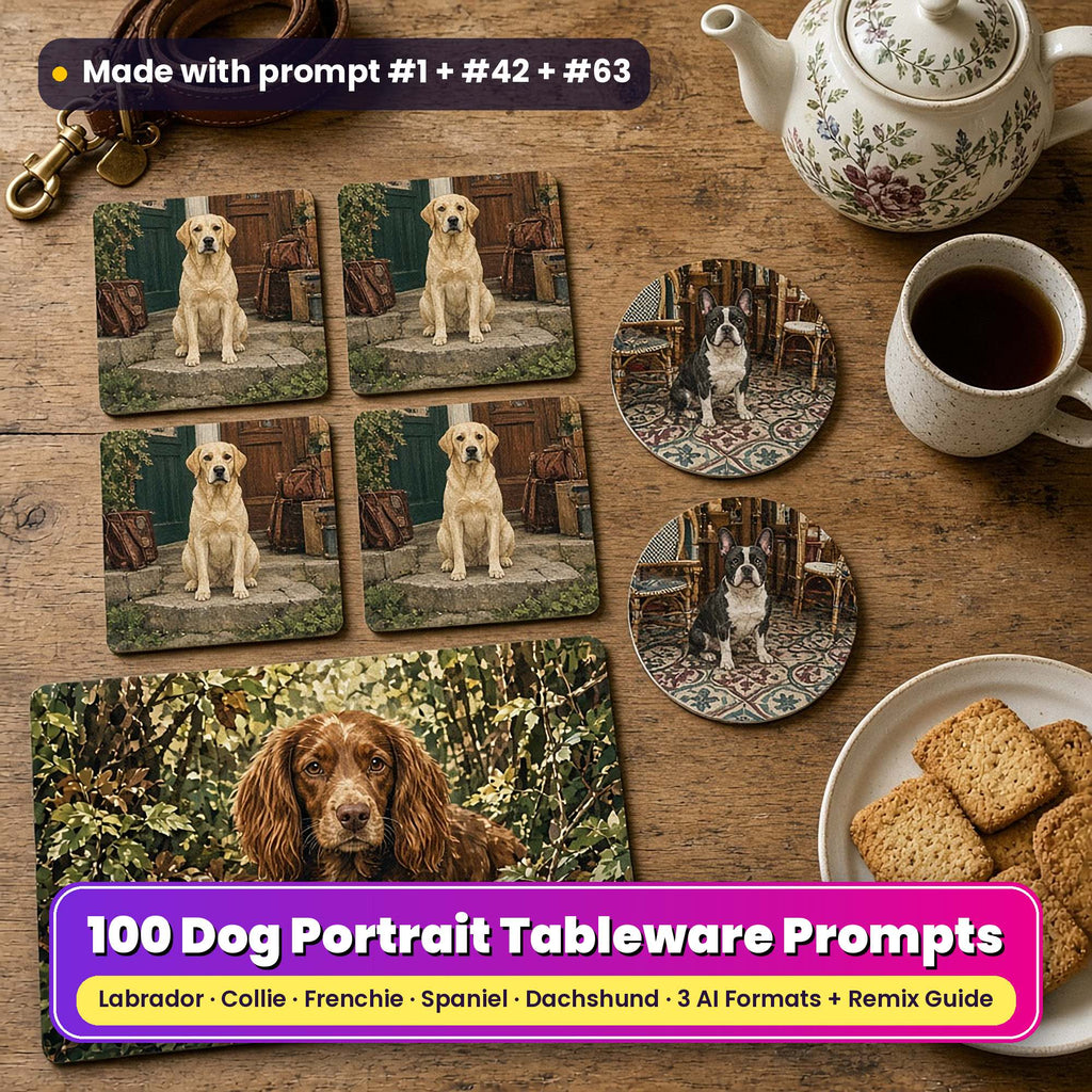 Dog portrait tableware on an oak table: square coasters printed with a yellow Labrador at a country-house door, round coasters printed with a French Bulldog in a café with a tiled floor, and a placemat printed with a chestnut spaniel among woodland leaves, beside a teapot, tea, biscuits and a leather lead, made with prompt #1 + #42 + #63