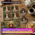 Dog portrait tableware on an oak table: square coasters printed with a yellow Labrador at a country-house door, round coasters printed with a French Bulldog in a café with a tiled floor, and a placemat printed with a chestnut spaniel among woodland leaves, beside a teapot, tea, biscuits and a leather lead, made with prompt #1 + #42 + #63