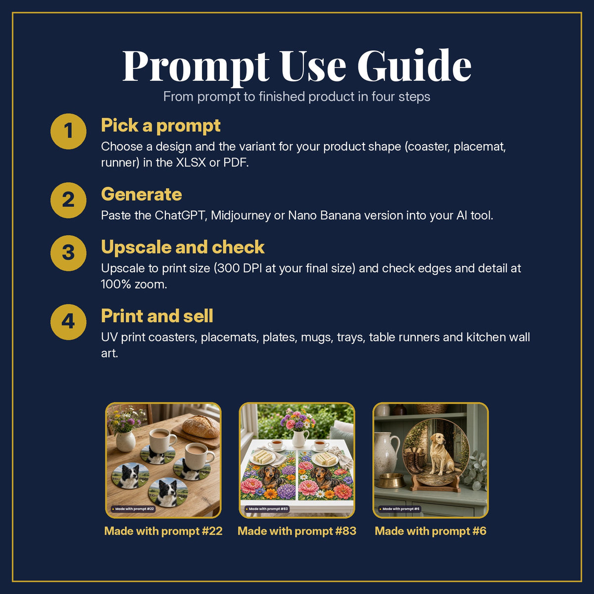Prompt Use Guide in four steps: pick a prompt, generate, upscale and check, print and sell, with example products made with prompt #22, prompt #83, prompt #6