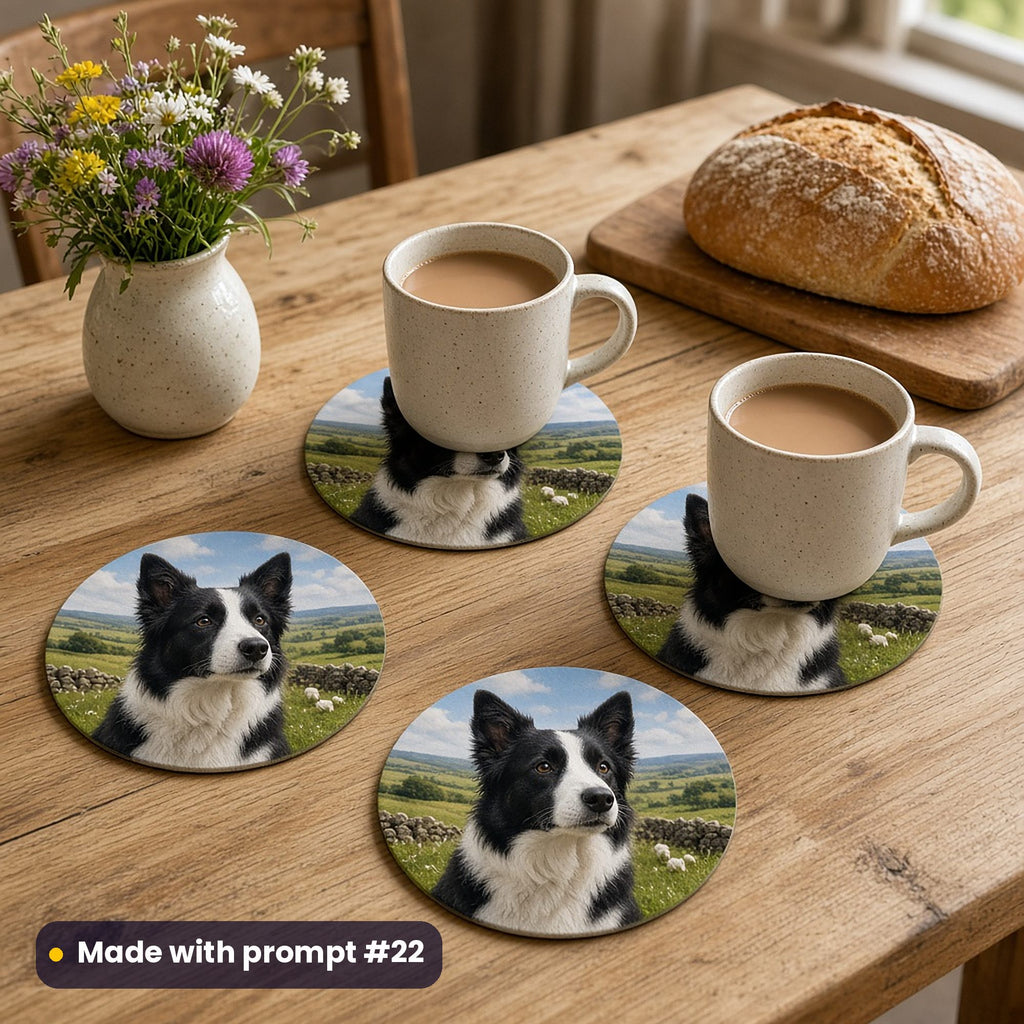 Four round coasters printed with a black and white Border Collie above green farmland, stone walls and sheep, with mugs of tea, wildflowers and a loaf on a pine table, made with prompt #22