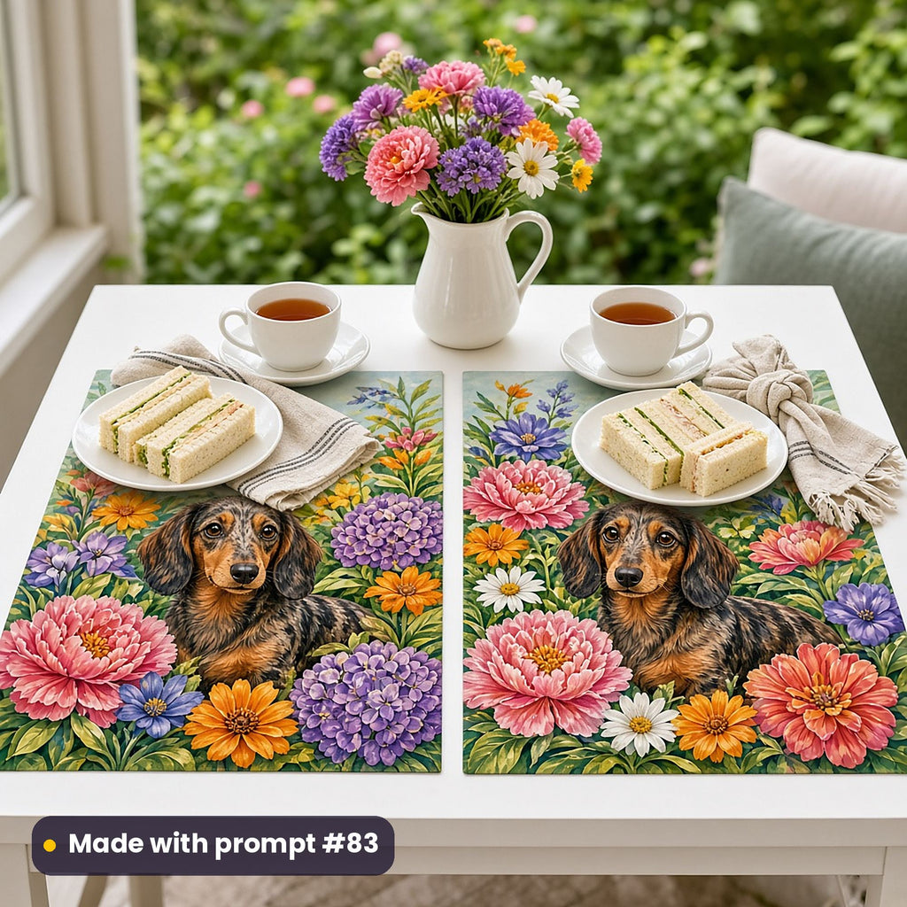 Two placemats printed with a dachshund among oversized colourful garden flowers, set with sandwiches, teacups and a jug of flowers in a garden room, made with prompt #83