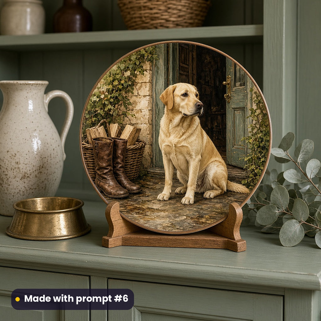 Round plate painted with a yellow Labrador at a country-house door beside boots and logs, on a wooden stand on a sage dresser with a brass dog bowl, made with prompt #6