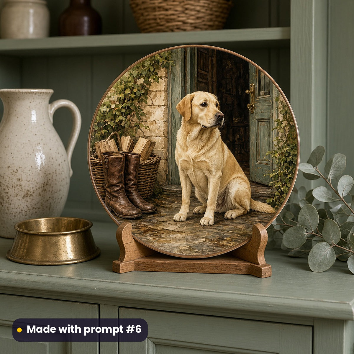 Round plate painted with a yellow Labrador at a country-house door beside boots and logs, on a wooden stand on a sage dresser with a brass dog bowl, made with prompt #6