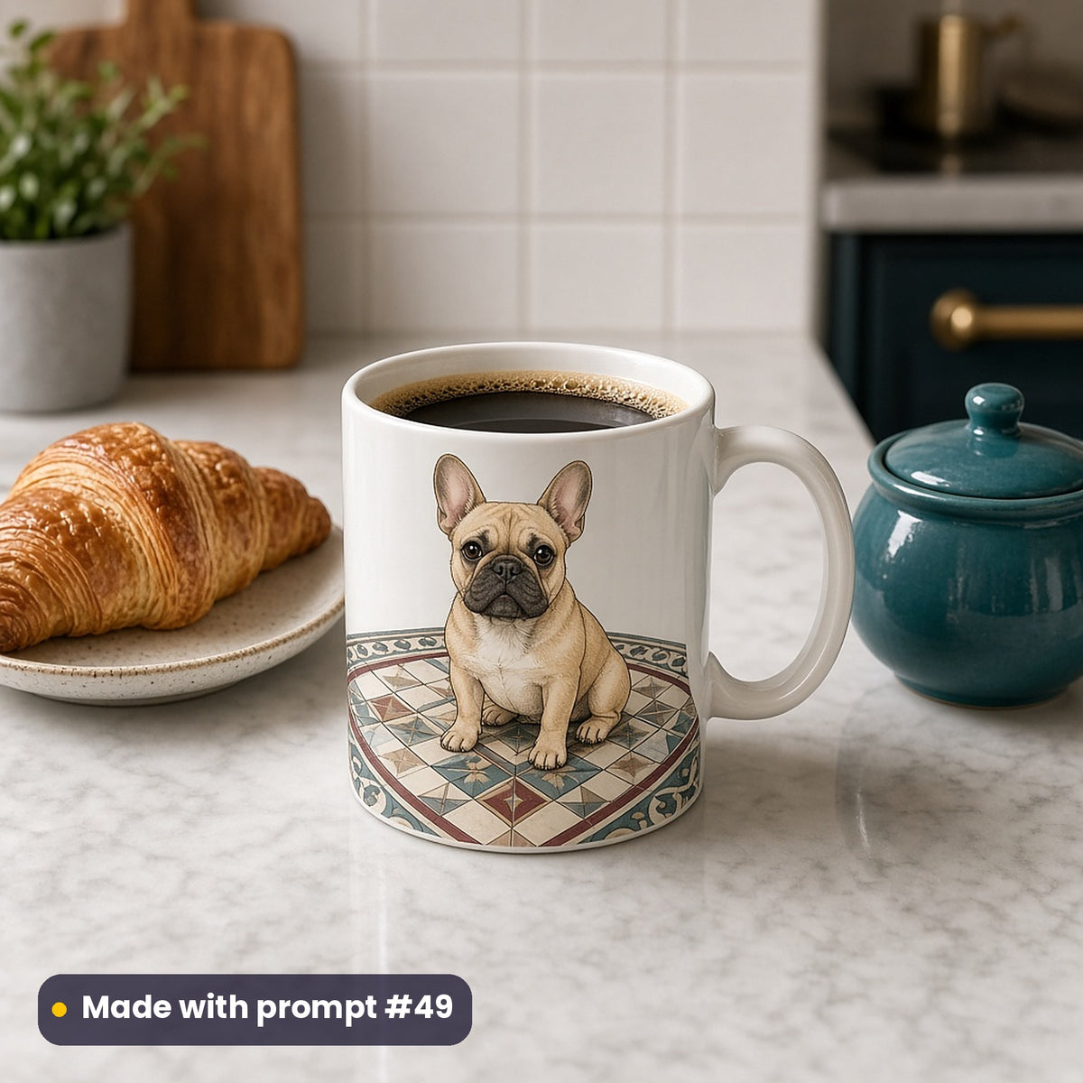 White mug with a premium vector illustration of a fawn French Bulldog on a patterned café floor, beside a croissant and a teal sugar bowl, made with prompt #49