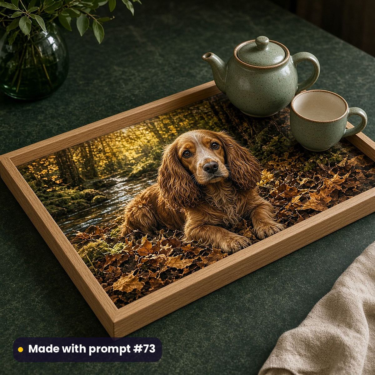 Oak tray printed with a dark luxury portrait of a chestnut spaniel in autumn leaves by a woodland stream, holding a teapot and cup on a dark green counter, made with prompt #73