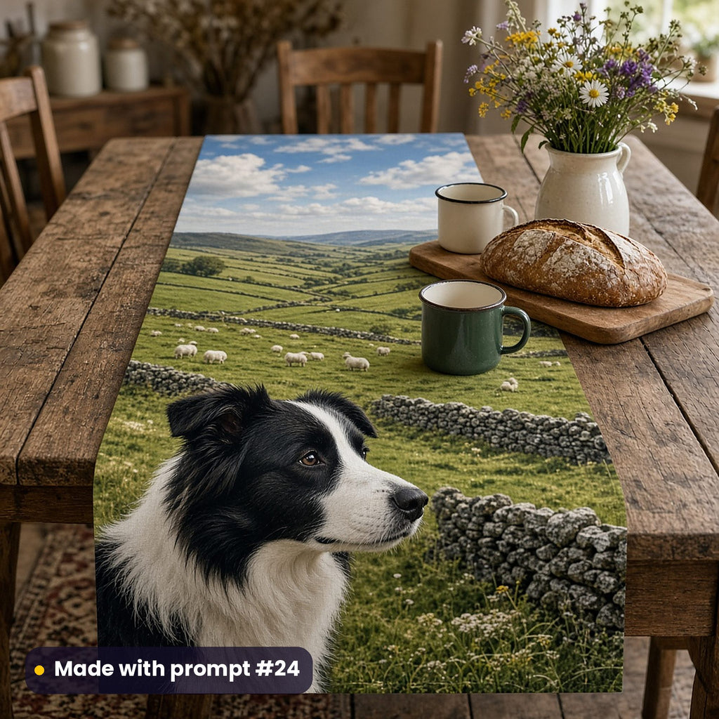 Table runner printed with a Border Collie above rolling farmland, stone walls and sheep, on a farmhouse table with wildflowers, a loaf and enamel mugs, made with prompt #24