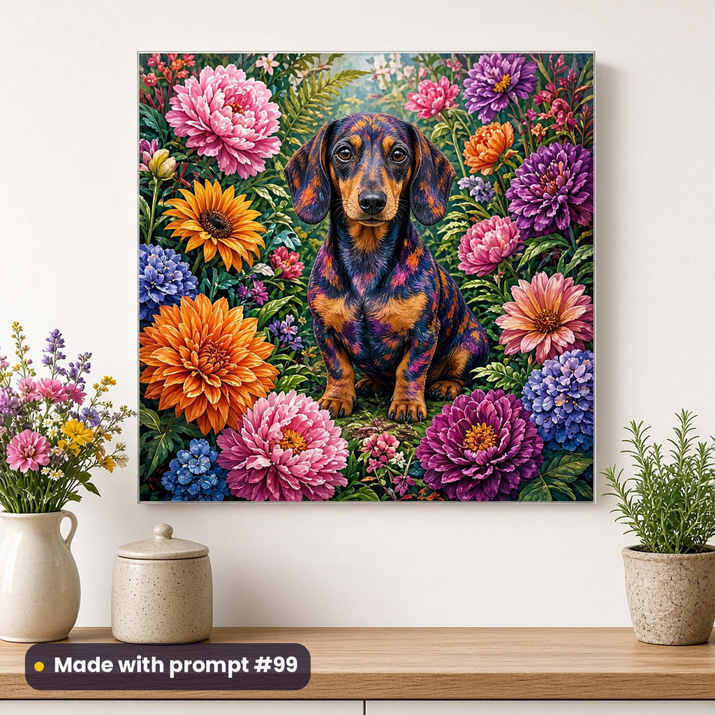 Wall art of a full scenic garden of oversized colourful flowers with a dachshund at the centre, on a white kitchen wall above flowers and herbs, made with prompt #99