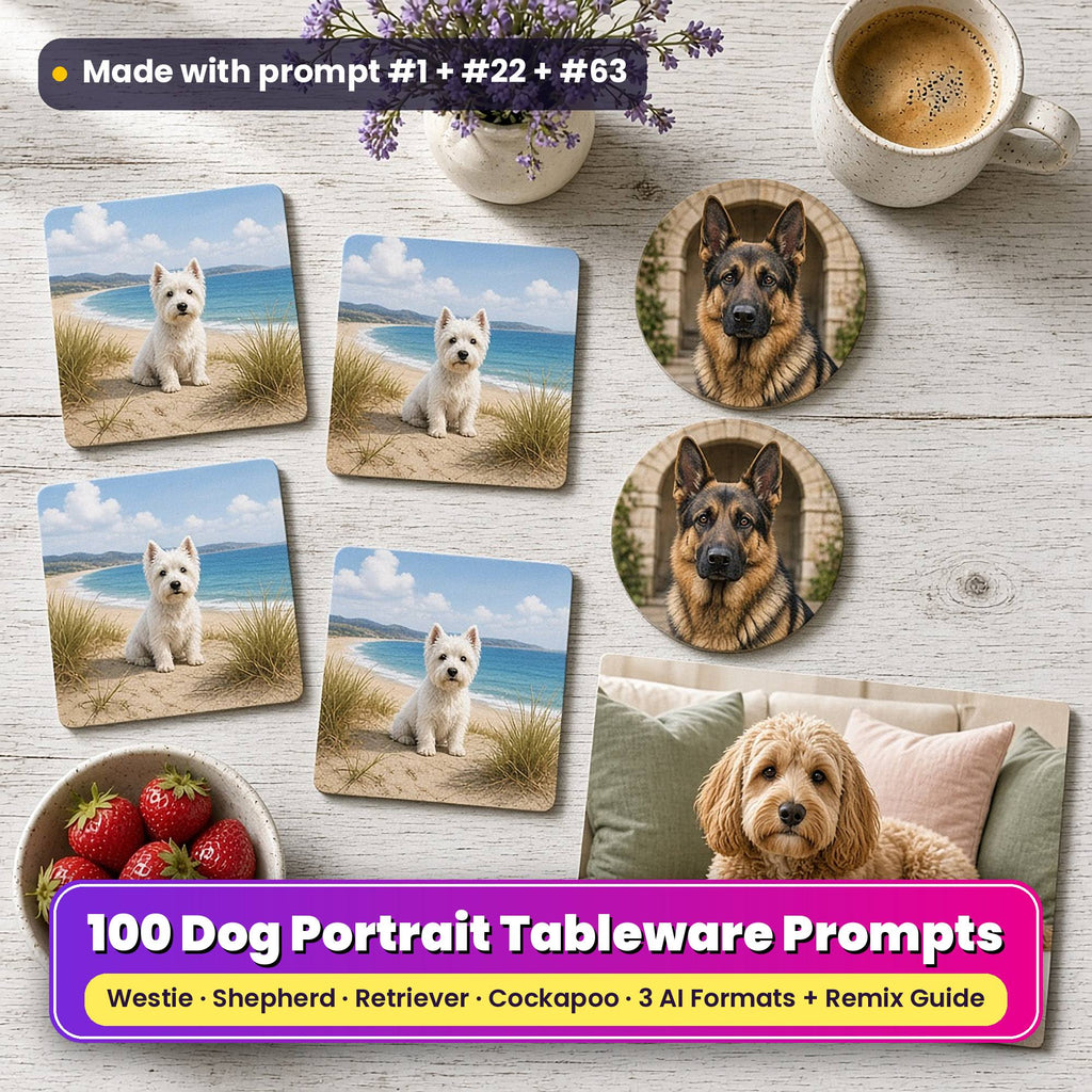 Dog portrait tableware on a whitewashed table: square coasters printed with a Westie on coastal dunes, round coasters printed with a German Shepherd before a stone arch, and a placemat printed with a Cockapoo on a cream sofa, beside coffee, strawberries and sea lavender, made with prompt #1 + #22 + #63
