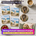 Dog portrait tableware on a whitewashed table: square coasters printed with a Westie on coastal dunes, round coasters printed with a German Shepherd before a stone arch, and a placemat printed with a Cockapoo on a cream sofa, beside coffee, strawberries and sea lavender, made with prompt #1 + #22 + #63