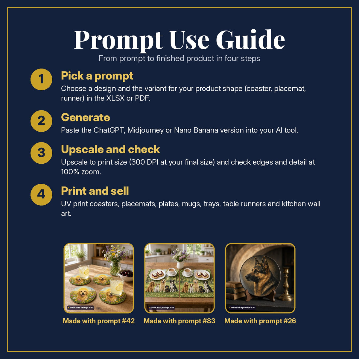 Prompt Use Guide in four steps: pick a prompt, generate, upscale and check, print and sell, with example products made with prompt #42, prompt #83, prompt #26