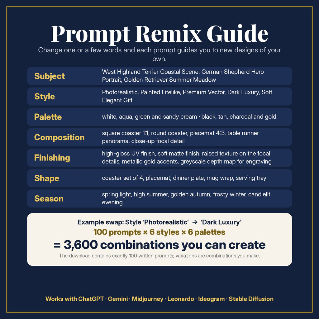 Prompt Remix Guide: change subject, style, palette, composition, finishing, shape and season; 100 prompts × 6 styles × 6 palettes = 3,600 combinations you can create
