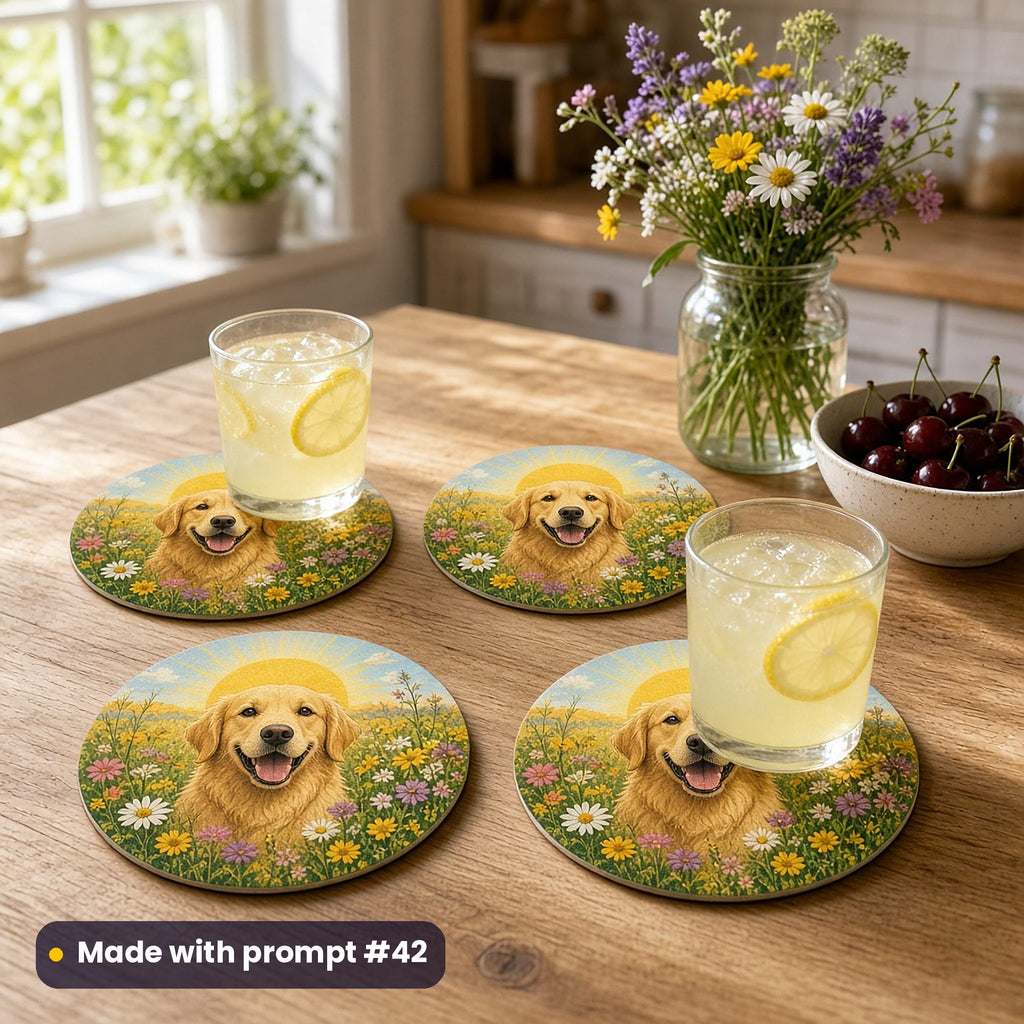 Four round coasters printed with a happy Golden Retriever in a sunny wildflower meadow, with glasses of lemonade, wildflowers and cherries on an oak kitchen table, made with prompt #42