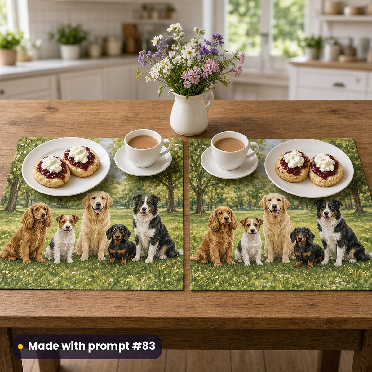 Two placemats printed with five dog breeds sitting together on grass in a sunny park, set with scones, jam, cream and tea, made with prompt #83