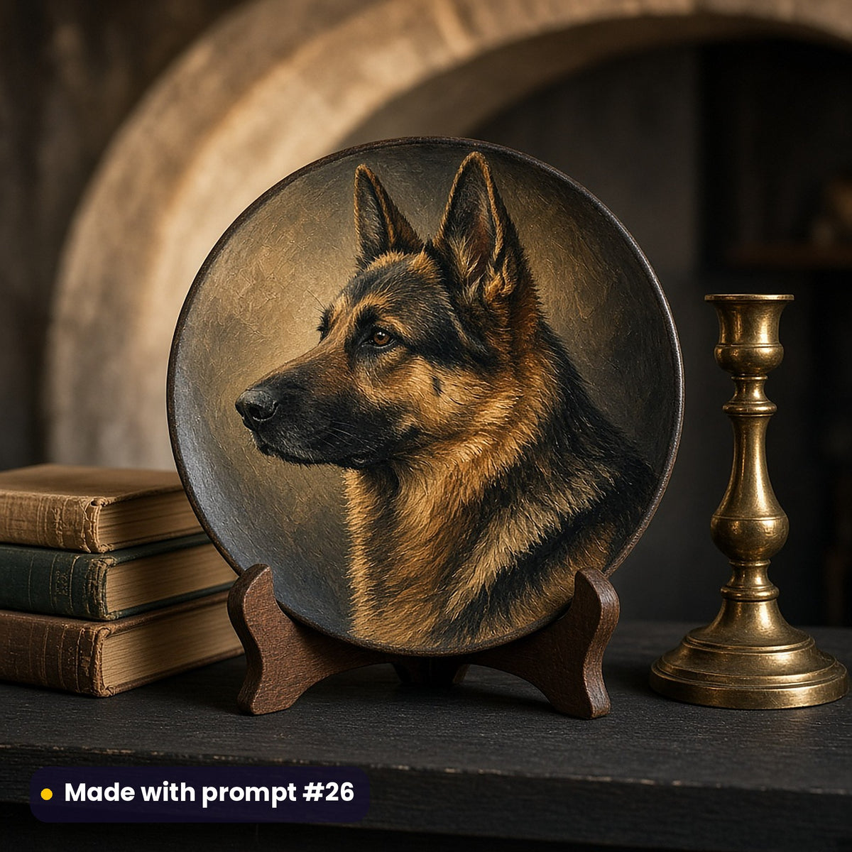 Round plate painted with a dignified German Shepherd portrait in warm side light, on a stand on a dark shelf beside old books and a brass candlestick, made with prompt #26