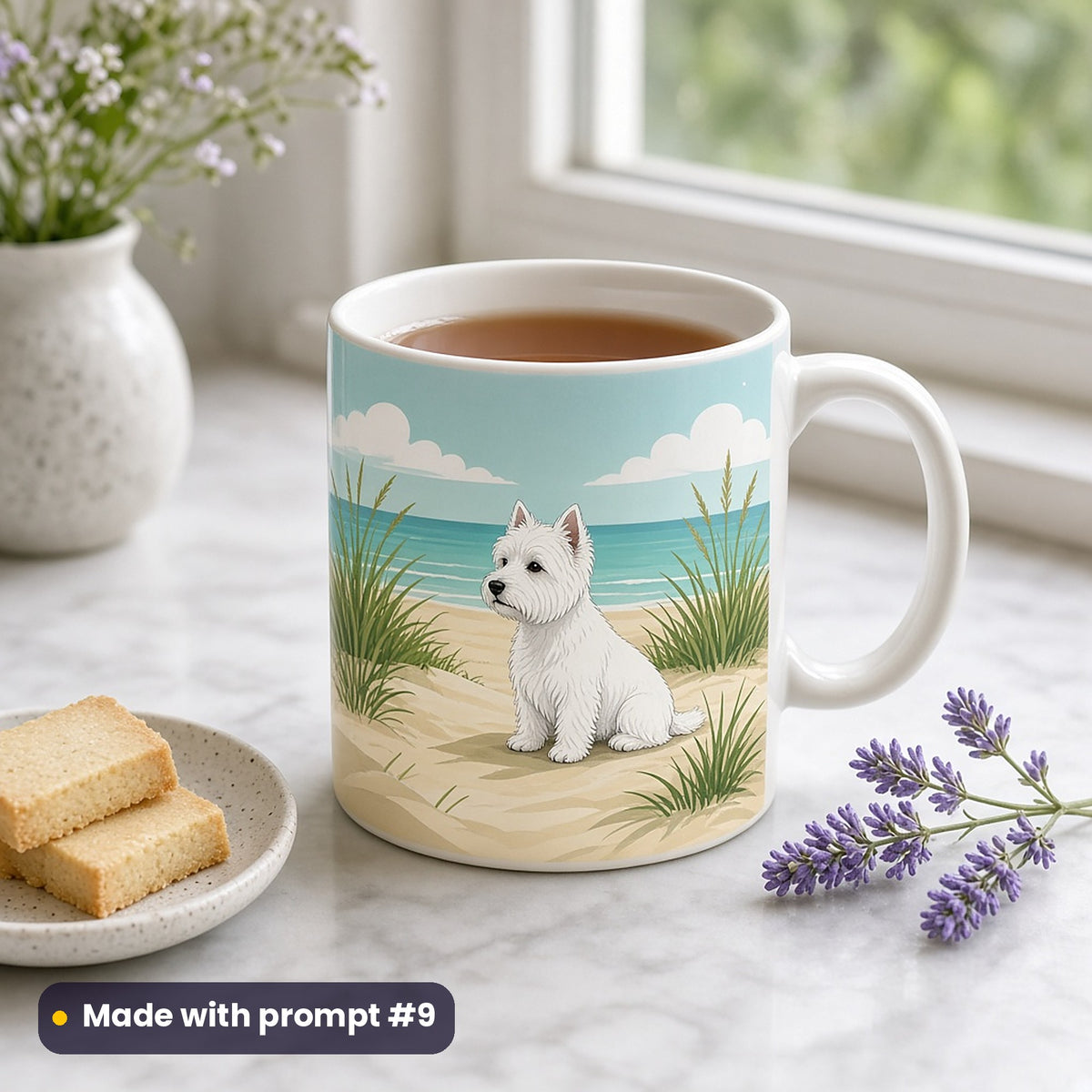 White mug with a premium vector illustration of a Westie on sand dunes with seagrass and an aqua sea, beside shortbread and lavender, made with prompt #9
