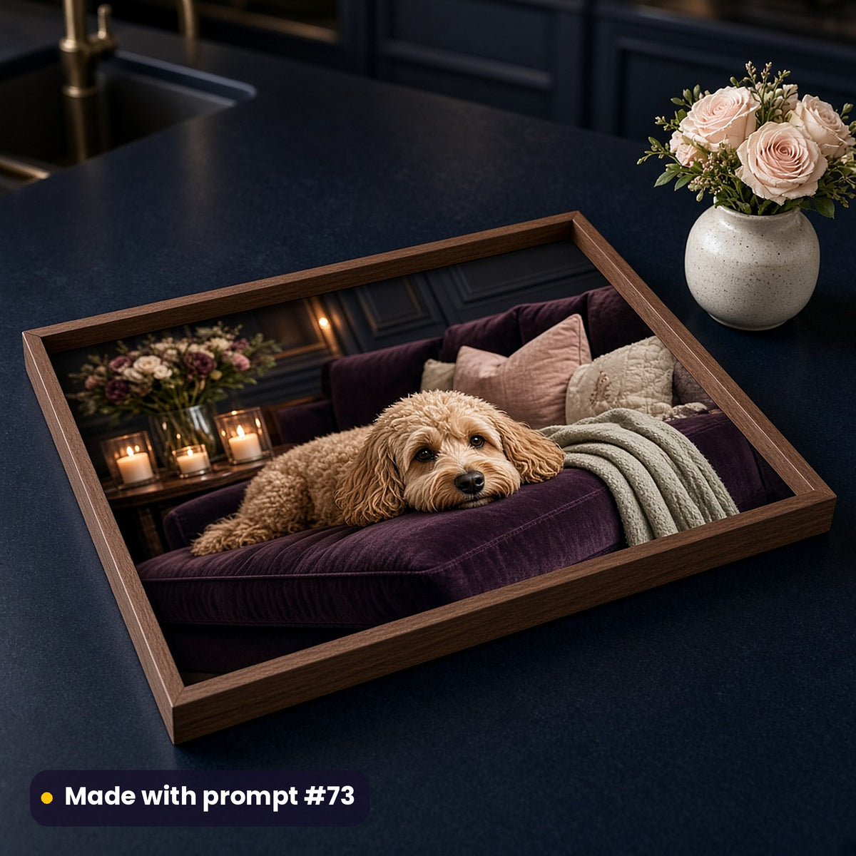 Walnut tray printed with a dark luxury portrait of a Cockapoo resting on a velvet sofa by candlelight, on a navy kitchen island beside blush roses, made with prompt #73