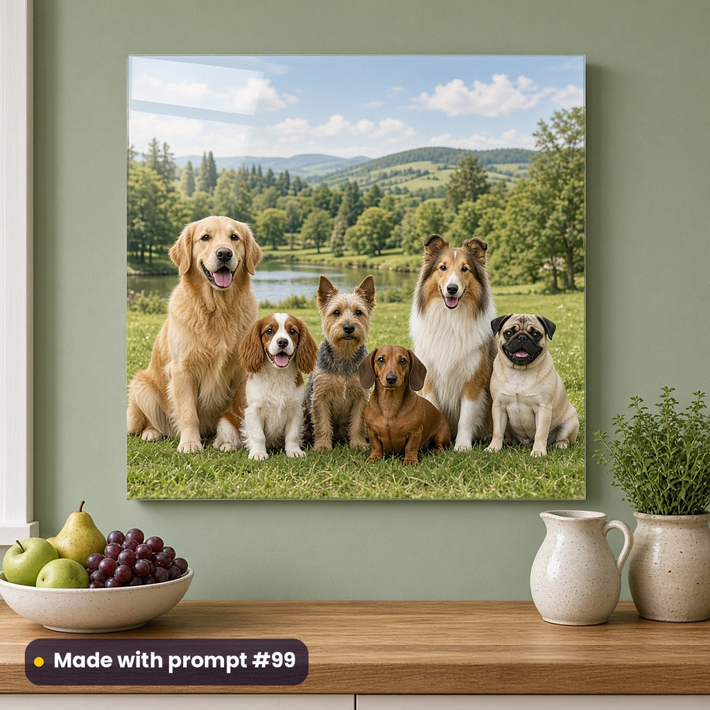 Wall art of a full scenic park with hills and a lake and six dog breeds gathered on the grass, on a sage kitchen wall above fruit and a jug, made with prompt #99