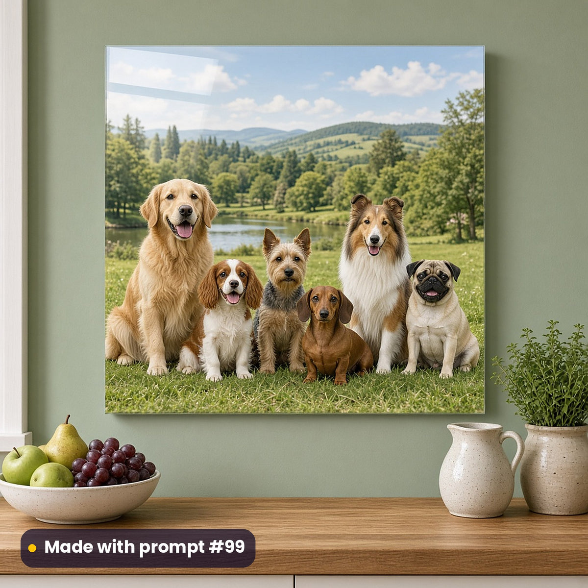 Wall art of a full scenic park with hills and a lake and six dog breeds gathered on the grass, on a sage kitchen wall above fruit and a jug, made with prompt #99