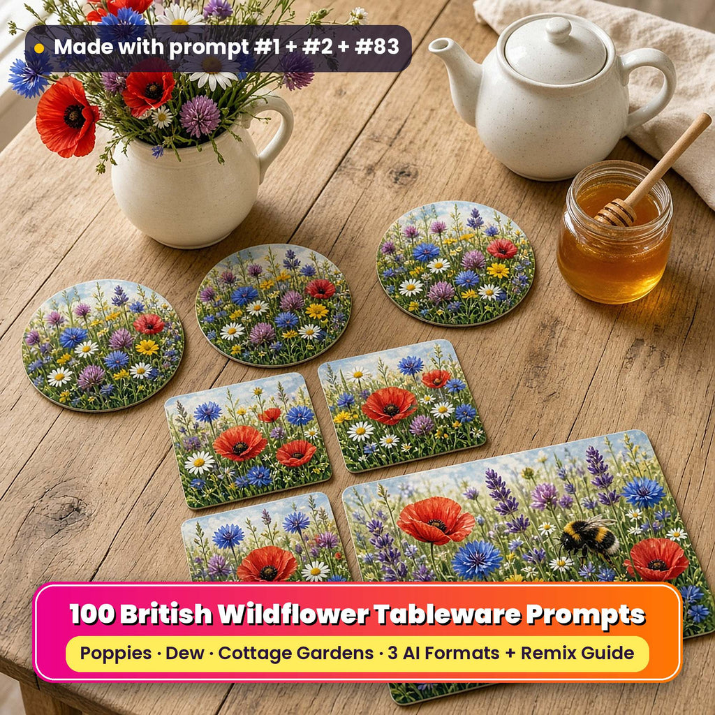 Wildflower tableware on an oak table: square and round coasters printed with red poppies, cornflowers and daisies in a sunny meadow and a placemat printed with bumblebees among lavender, clover and poppies, beside a jug of wildflowers, a teapot and honey, made with prompt #1 + #2 + #83