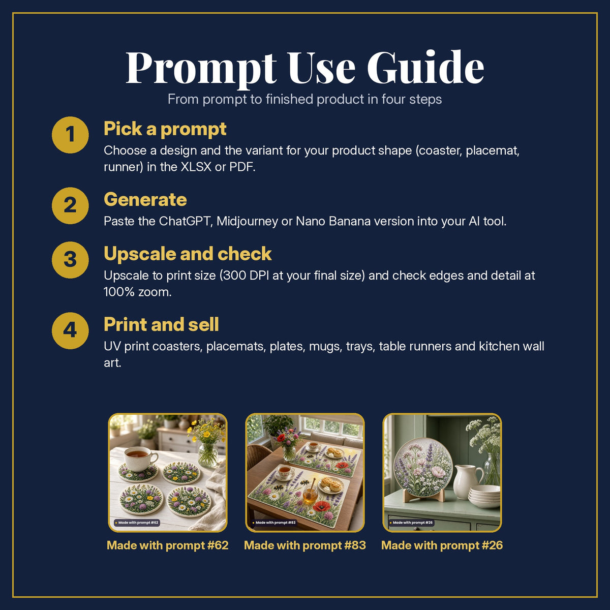 Prompt Use Guide in four steps: pick a prompt, generate, upscale and check, print and sell, with example products made with prompt #62, prompt #83, prompt #26