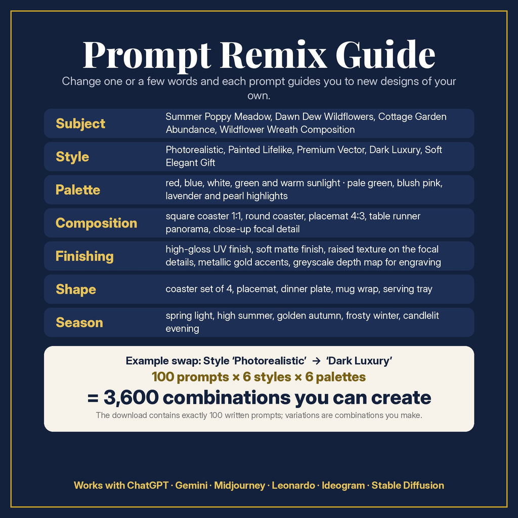 Prompt Remix Guide: change subject, style, palette, composition, finishing, shape and season; 100 prompts × 6 styles × 6 palettes = 3,600 combinations you can create