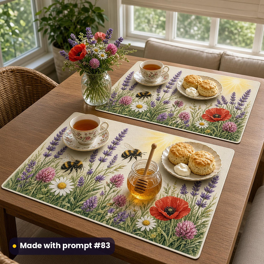 Two placemats printed with bumblebees among lavender, clover, daisies and poppies, laid for afternoon tea with floral cups, scones and honey, made with prompt #83