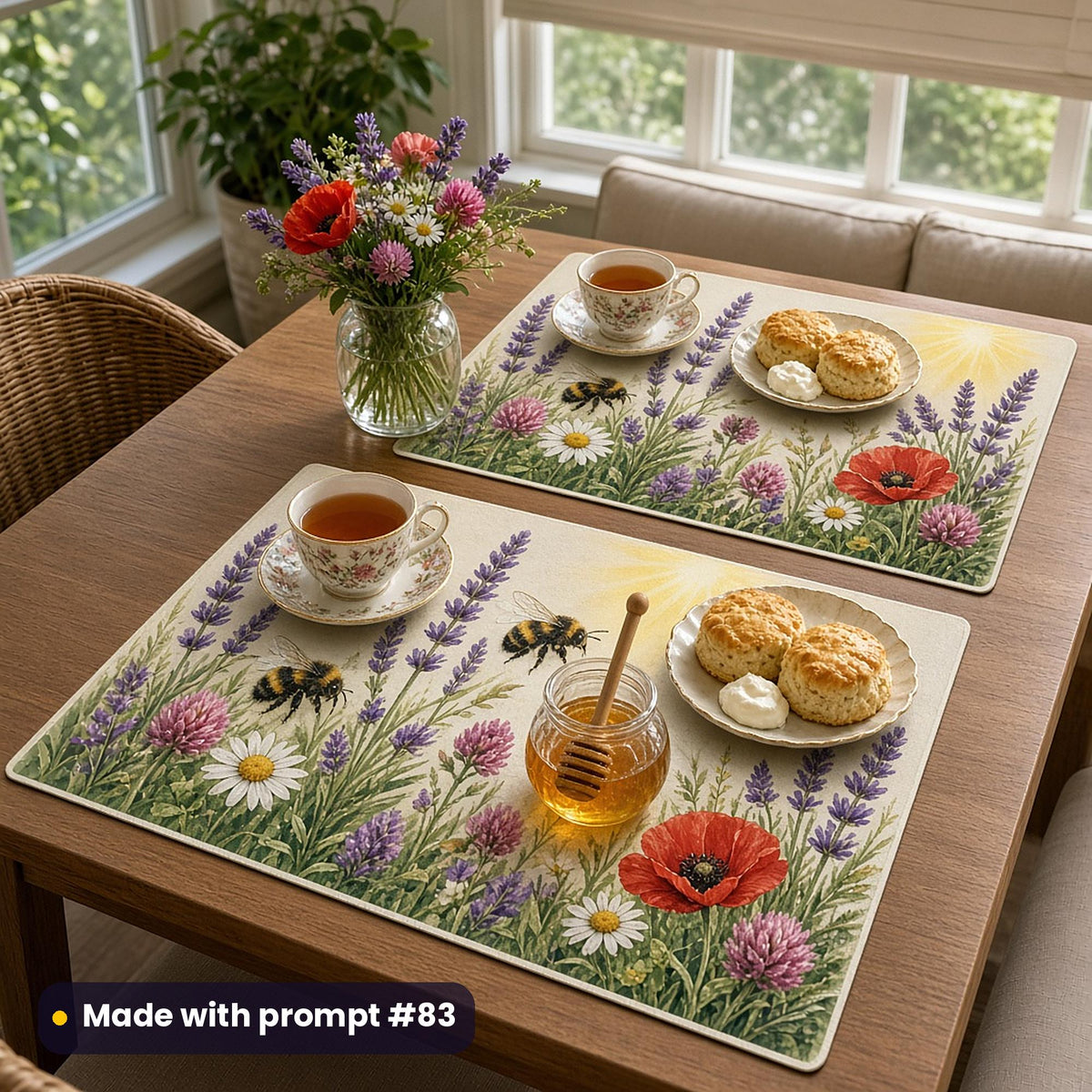 Two placemats printed with bumblebees among lavender, clover, daisies and poppies, laid for afternoon tea with floral cups, scones and honey, made with prompt #83