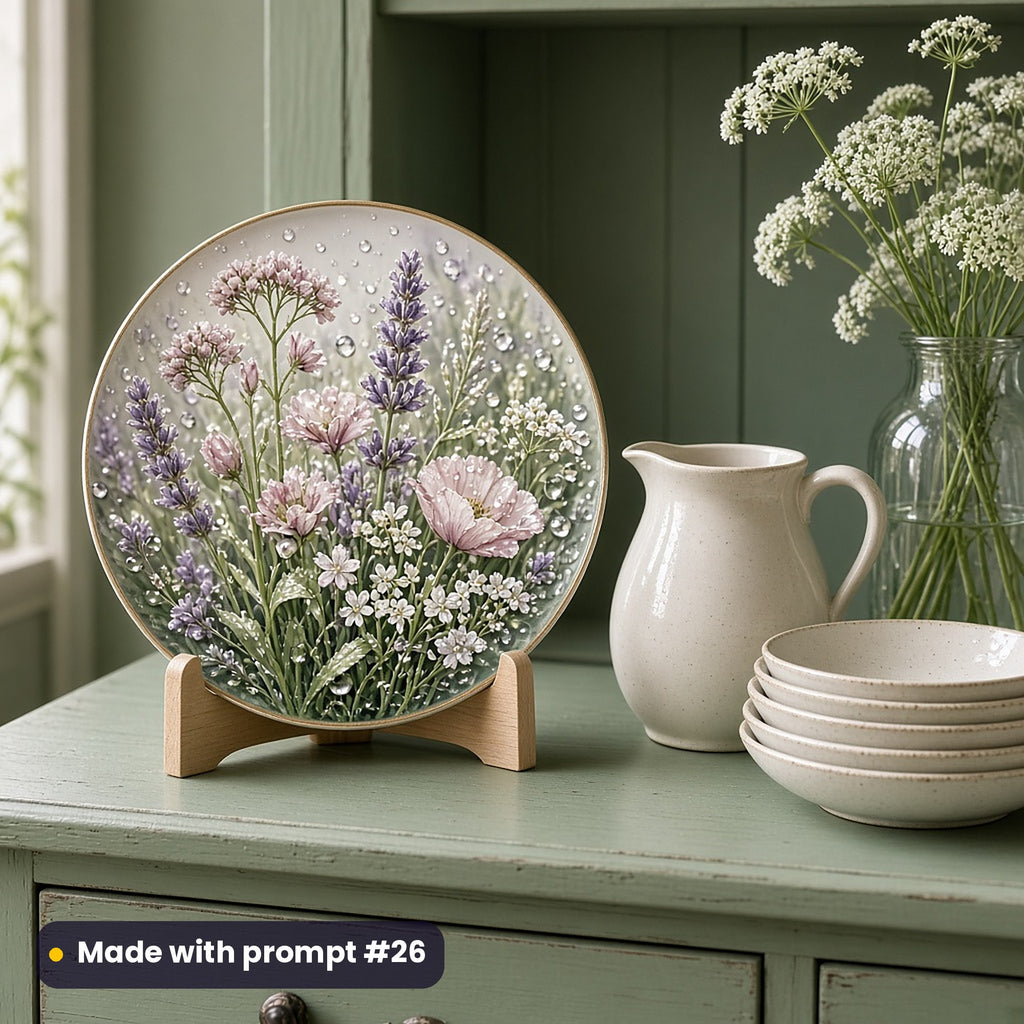 Round plate painted with dew-covered wildflowers in pink, lavender and white in soft morning mist, on a sage green dresser beside a cream jug and cow parsley, made with prompt #26