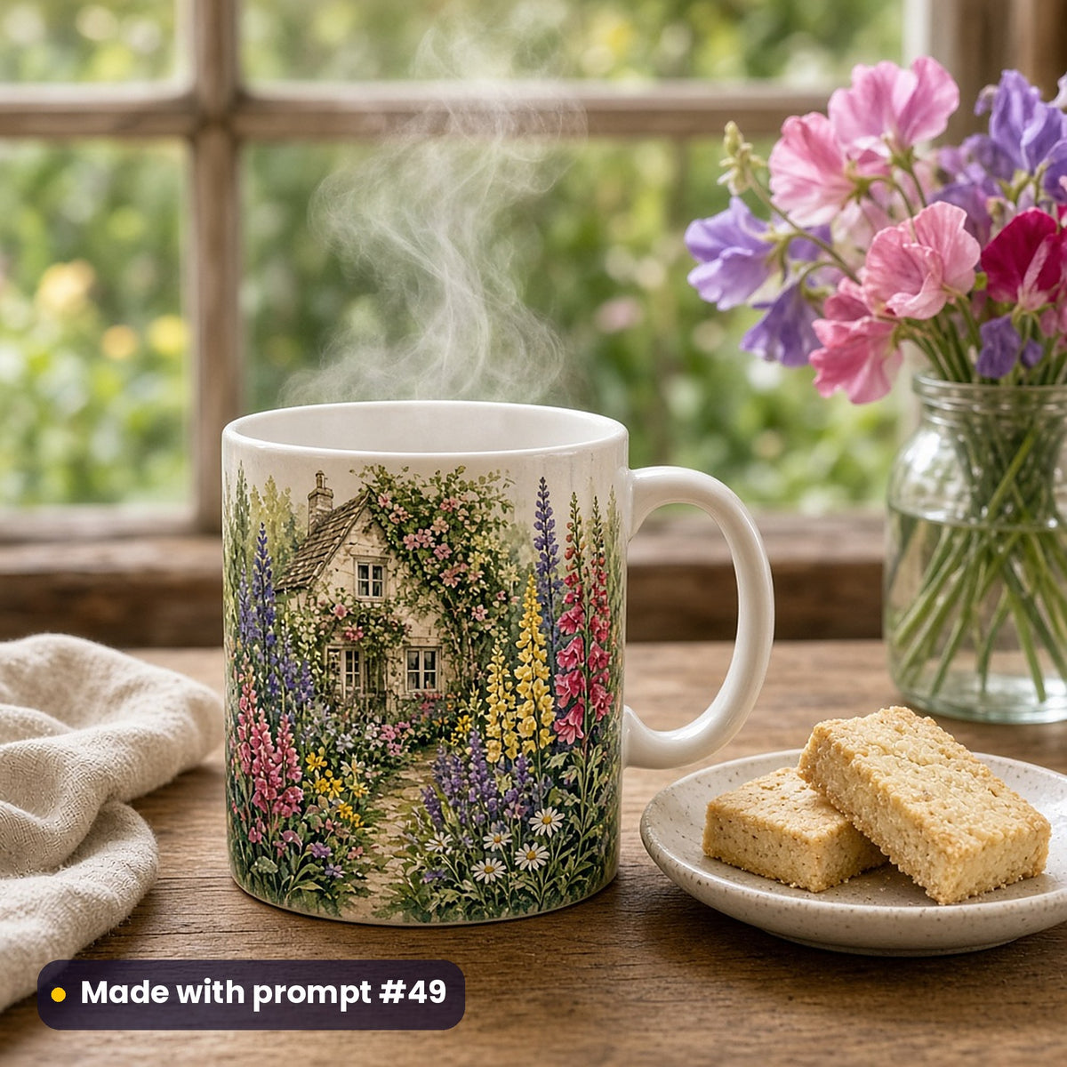 White mug with a vector cottage garden of foxgloves, delphiniums, lupins and roses around a cottage, steaming on a windowsill table with shortbread and sweet peas, made with prompt #49