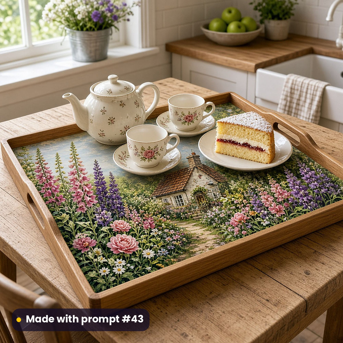 Wooden serving tray printed with a cottage garden of foxgloves, lupins, roses and hollyhocks, holding a floral teapot, cups and Victoria sponge in a country kitchen, made with prompt #43