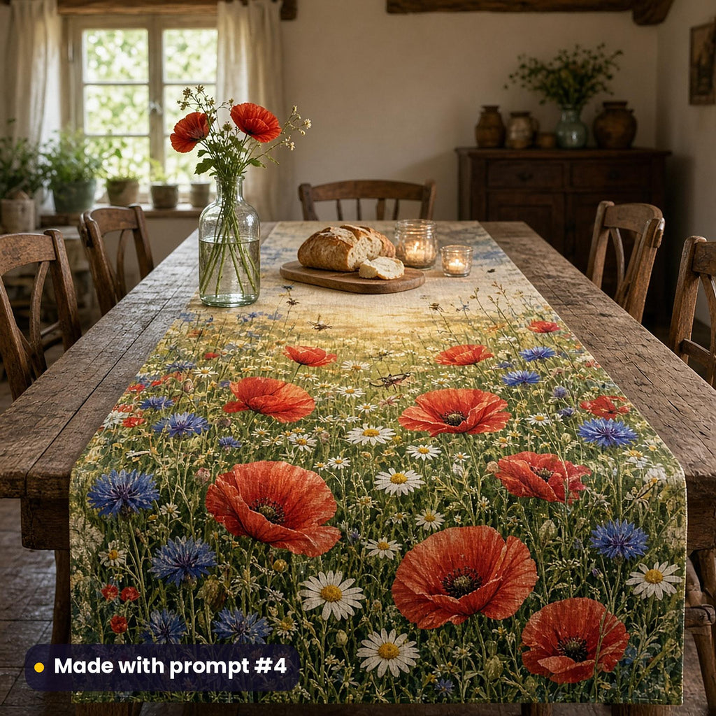 Long table runner printed with a summer meadow of red poppies, cornflowers and daisies, on a rustic dining table with poppies in a glass bottle, bread and tea lights, made with prompt #4