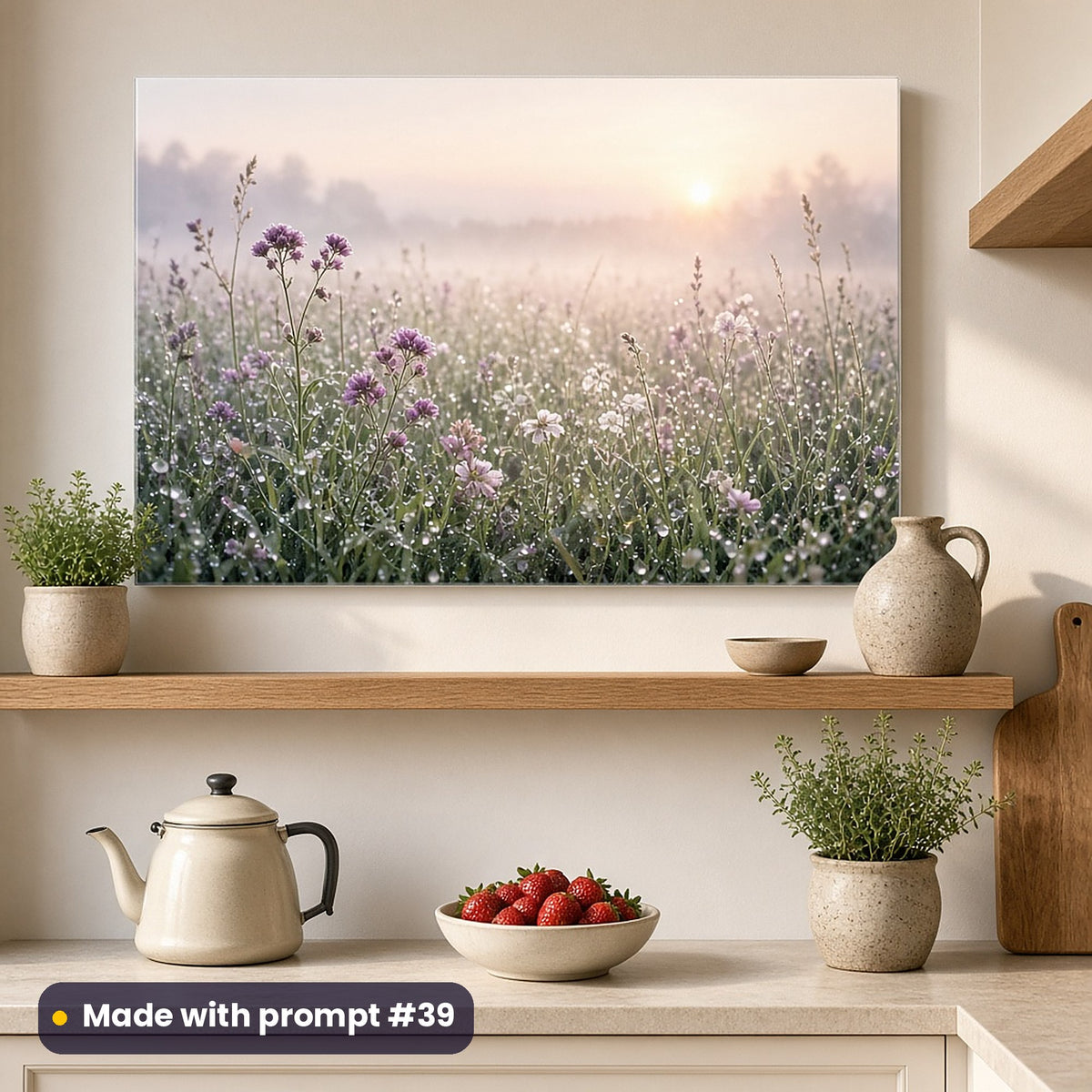 Acrylic wall art of a misty dawn meadow of dew-covered wildflowers, above a cream counter with a kettle, strawberries and potted herbs, made with prompt #39