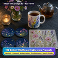 Wildflower tableware on a dark slate table: round coasters printed with moonlit wildflowers, fireflies and stars, a clear square mat printed with pressed flowers as if set in glass, and a mug with a watercolour wildflower print, beside a candle, cosmos and a glass teapot, made with prompt #2 + #23 + #89