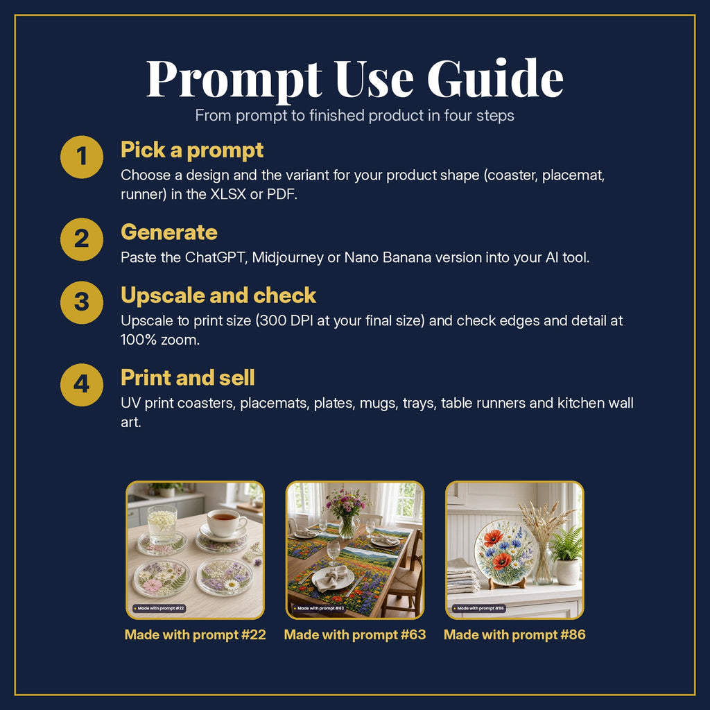 Prompt Use Guide in four steps: pick a prompt, generate, upscale and check, print and sell, with example products made with prompt #22, prompt #63, prompt #86