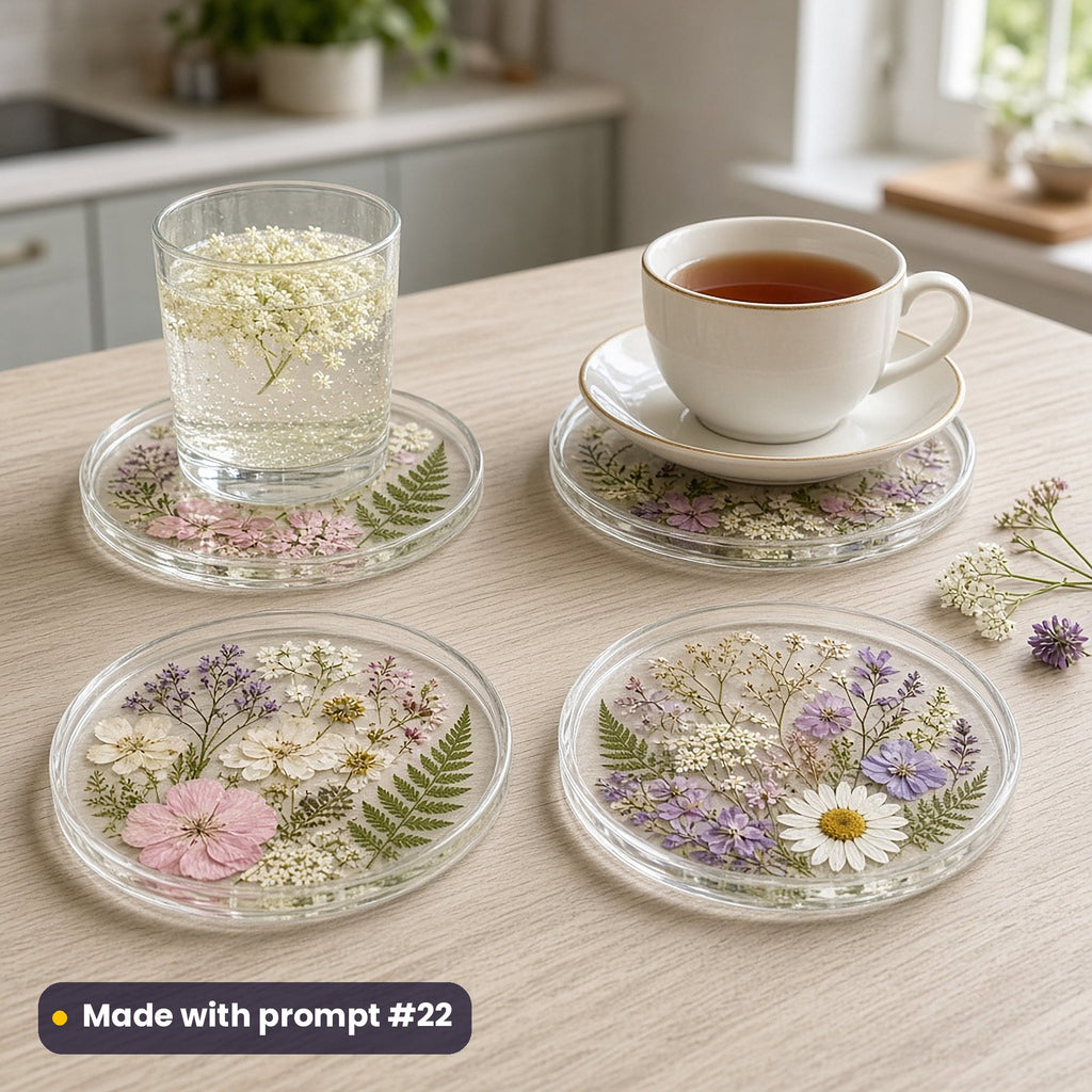Four clear round coasters printed with pressed flowers, ferns and petals as if set in glass, with elderflower water and a cup of tea on a pale ash table, made with prompt #22