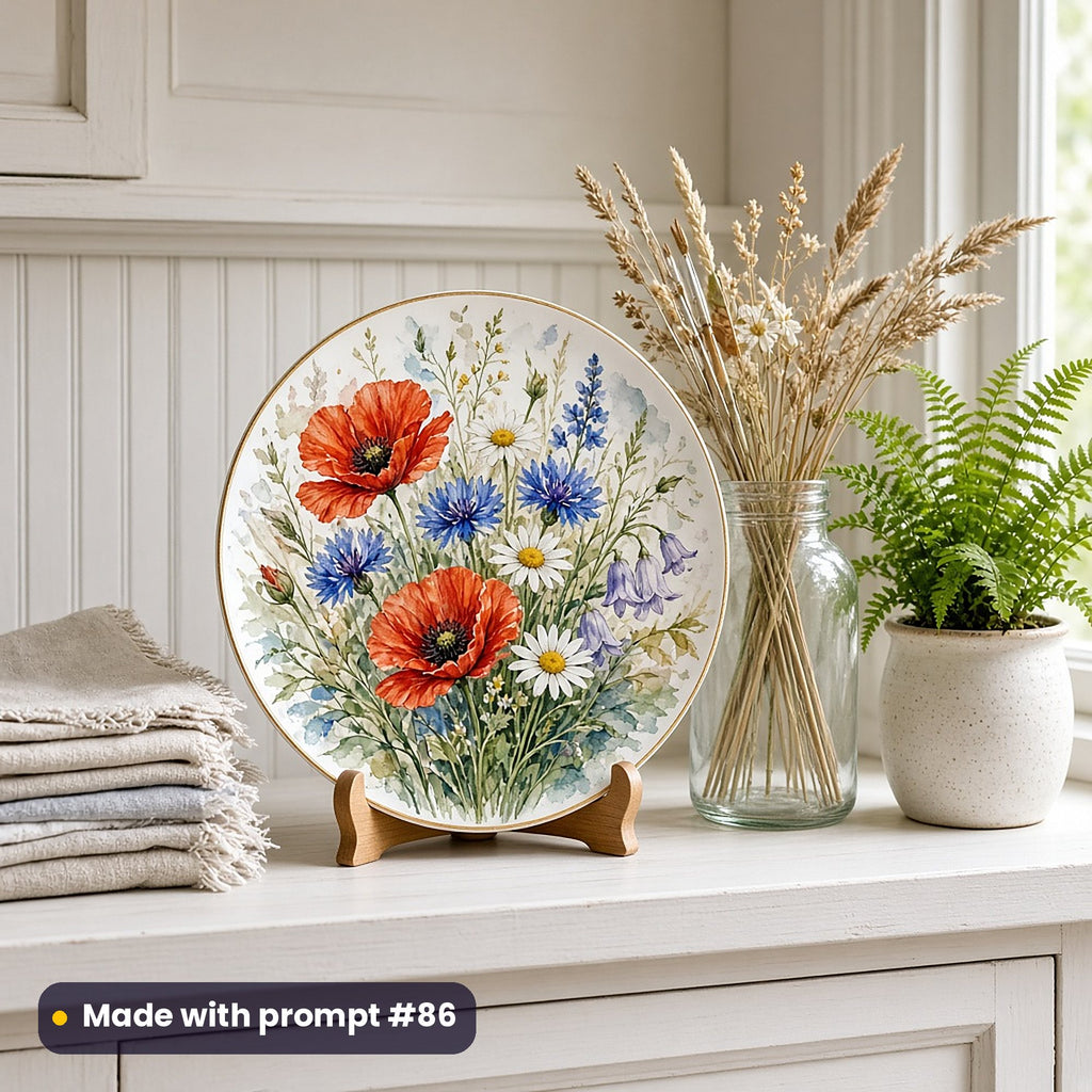 Round plate painted with watercolour poppies, cornflowers, harebells and daisies, on a stand on a white shelf beside linen napkins, dried grasses and a fern, made with prompt #86