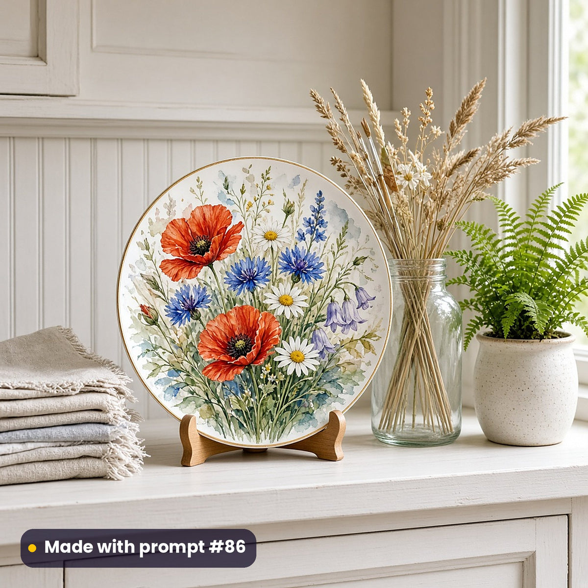 Round plate painted with watercolour poppies, cornflowers, harebells and daisies, on a stand on a white shelf beside linen napkins, dried grasses and a fern, made with prompt #86