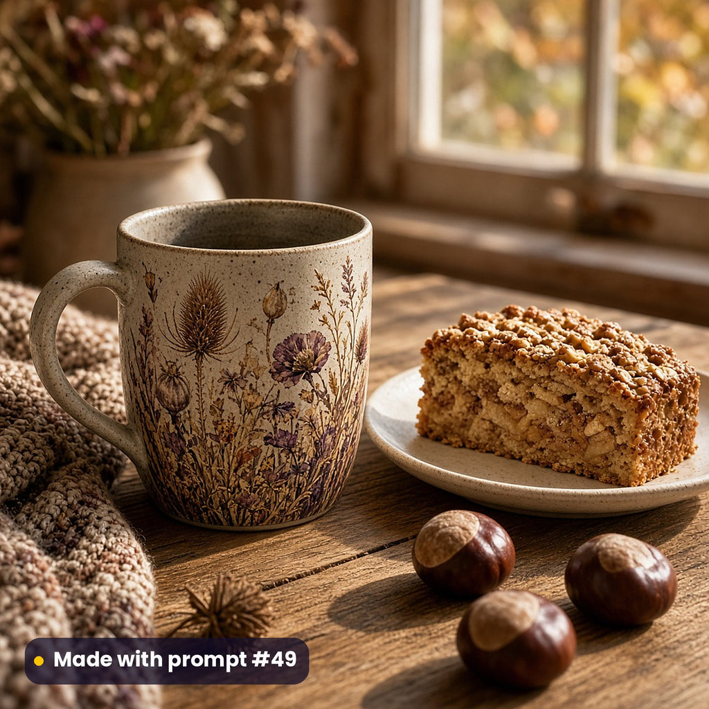 Speckled mug with a vector print of teasels, dried poppy heads and autumn grasses in plum and ochre, beside apple cake and conkers in warm autumn light, made with prompt #49