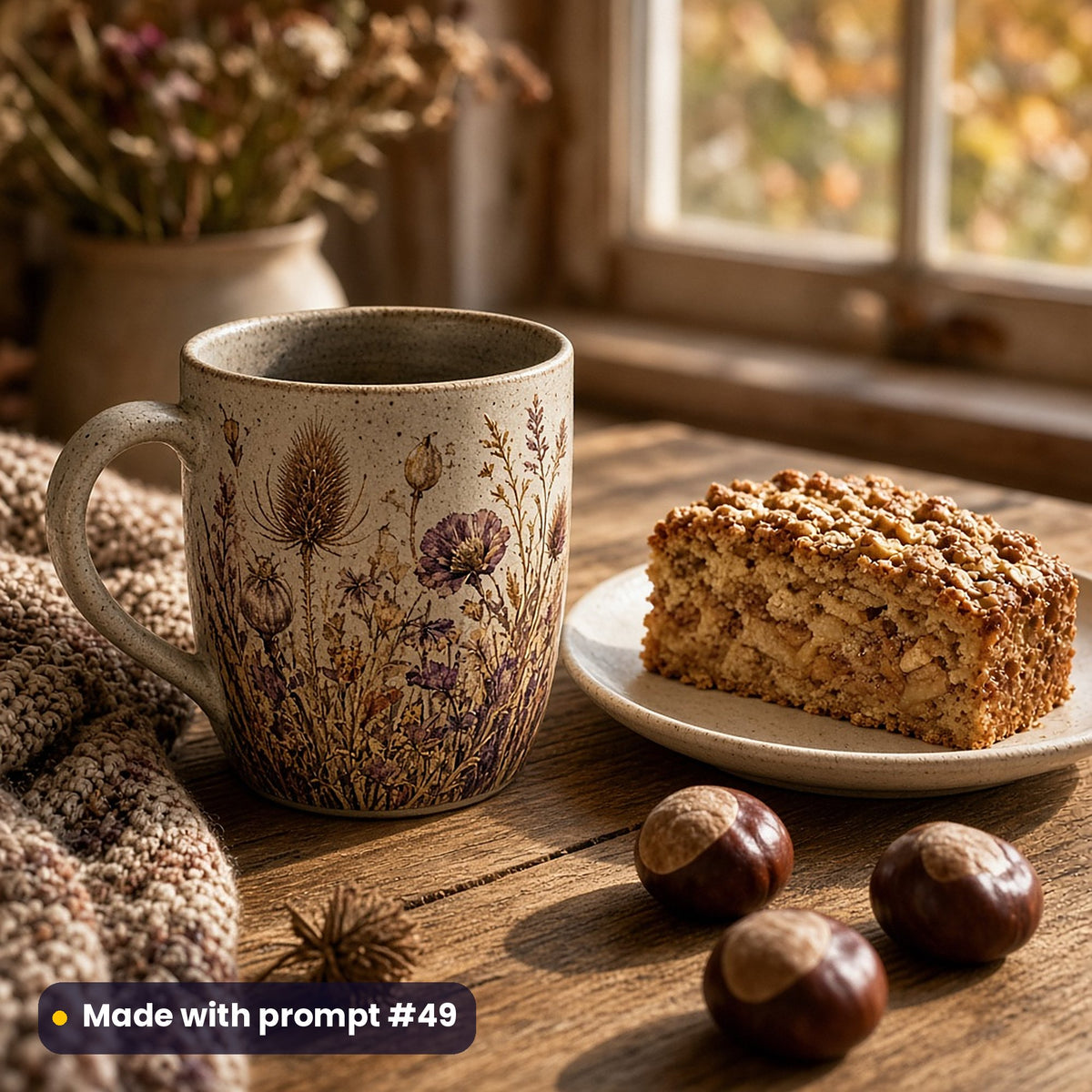 Speckled mug with a vector print of teasels, dried poppy heads and autumn grasses in plum and ochre, beside apple cake and conkers in warm autumn light, made with prompt #49