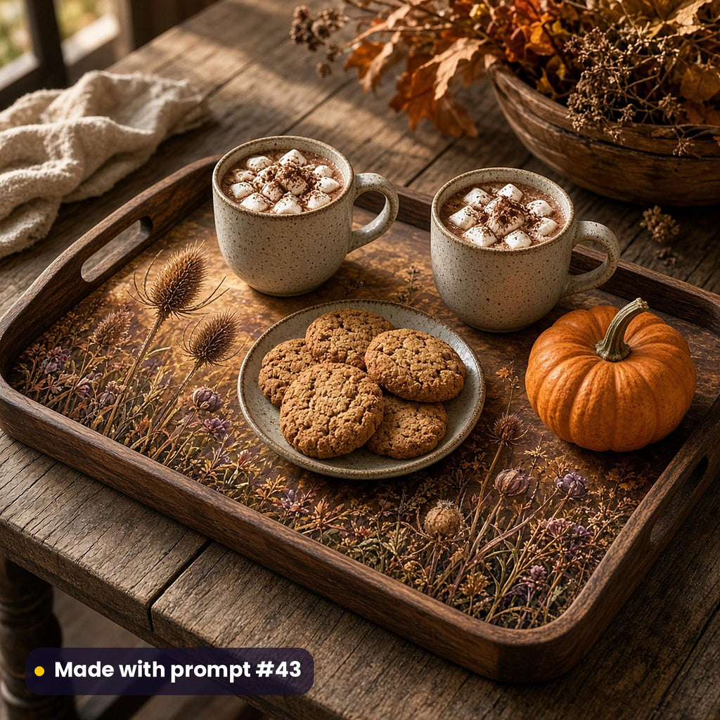 Dark wooden tray printed with teasels, grasses and seed heads in warm autumn light, holding two hot chocolates, oat biscuits and a small pumpkin, made with prompt #43